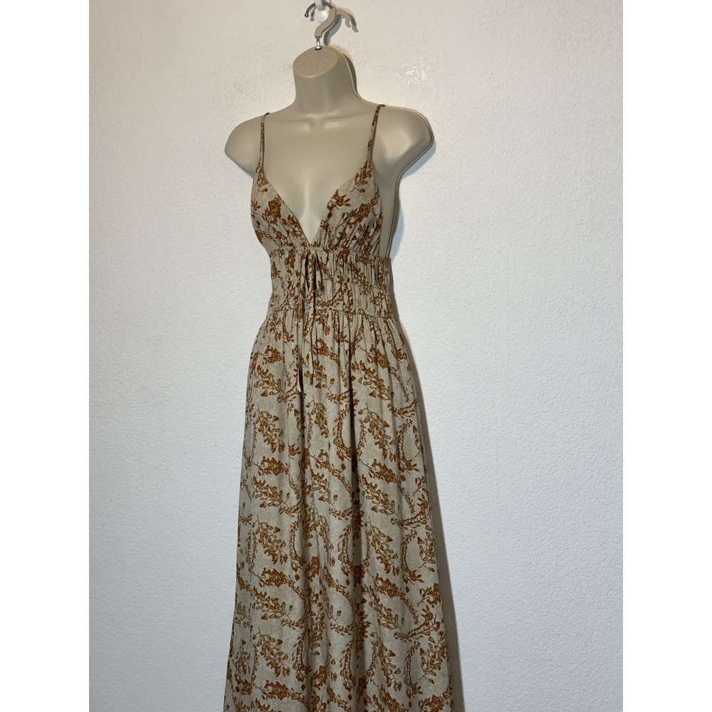 Maxi Dress Beige Rust Floral Halter Size S Boho Coquette Resort Wear‎ Travel